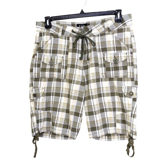 Womens Shorts Size 10 Plaid Taupe Gray Cargo Tie Hem Casual Comfort Lightweight - Picture 1 of 4